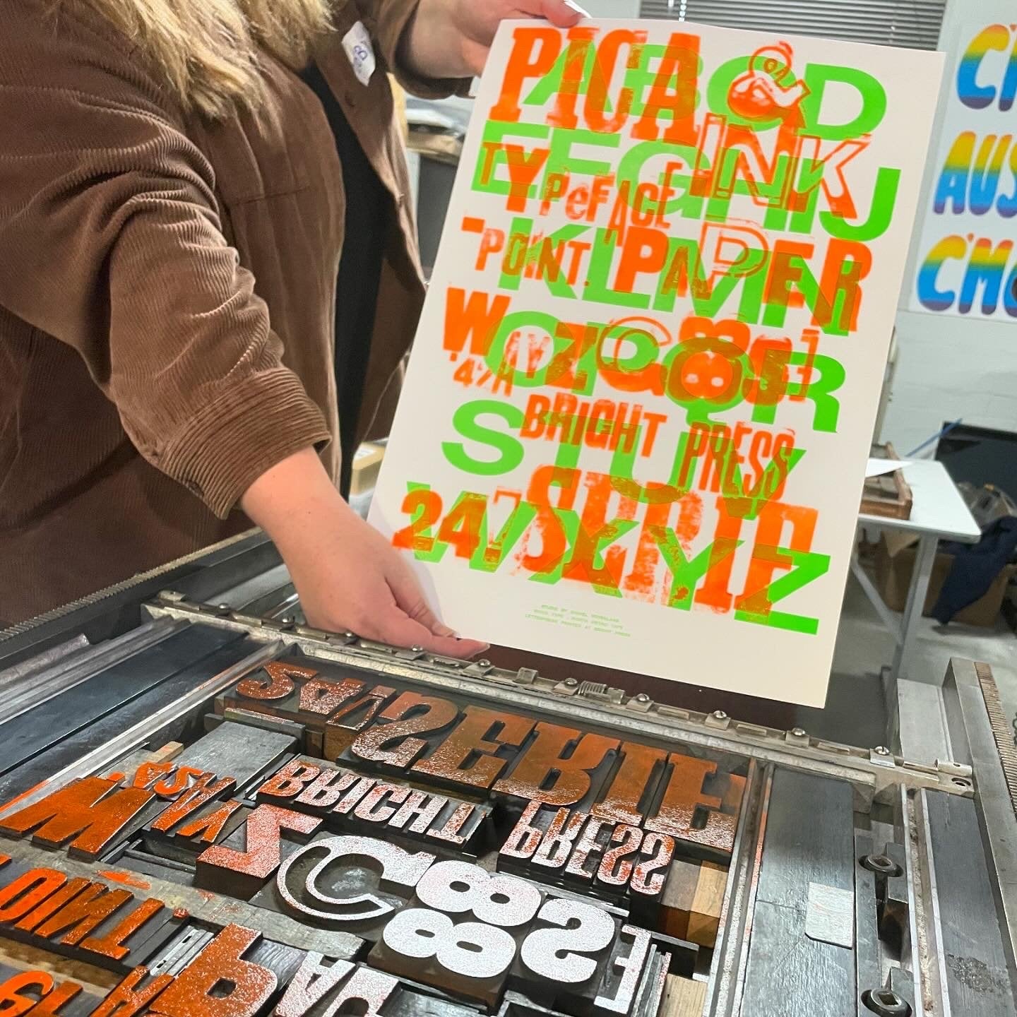 Freshly printed poster from a workshop with Phil Gambrill in Wayzgoose 2024