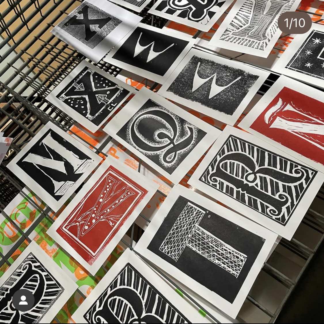Lino prints produced from Dominique Coiffait's workshop in Wayzgoose 2024.
