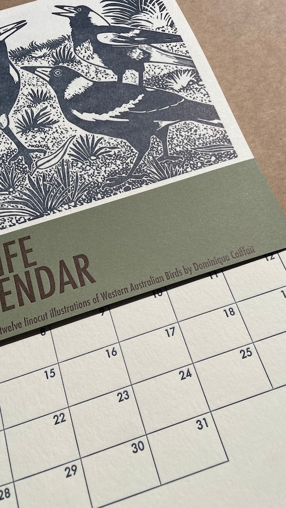 2025 WA Birdlife Calendar close up featuring the belly band and the calendar dates