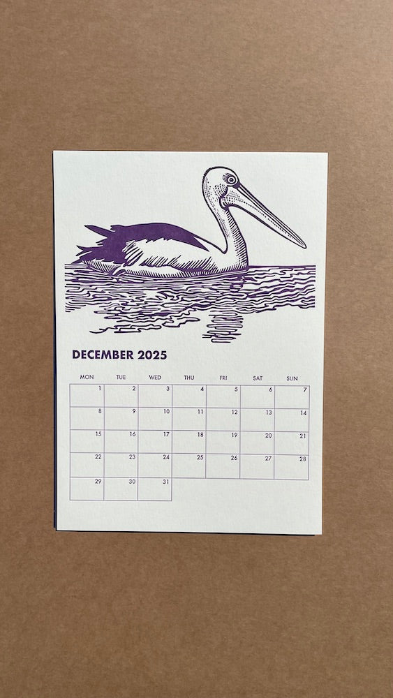 2025 WA Birdlife Calendar - December and Australian Pelican printed in dark violet